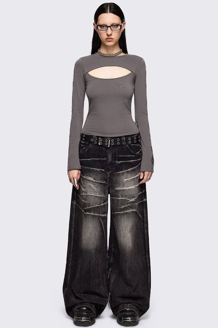 Grey Cut-Out Top with Eyelet Sleeves | Minga London