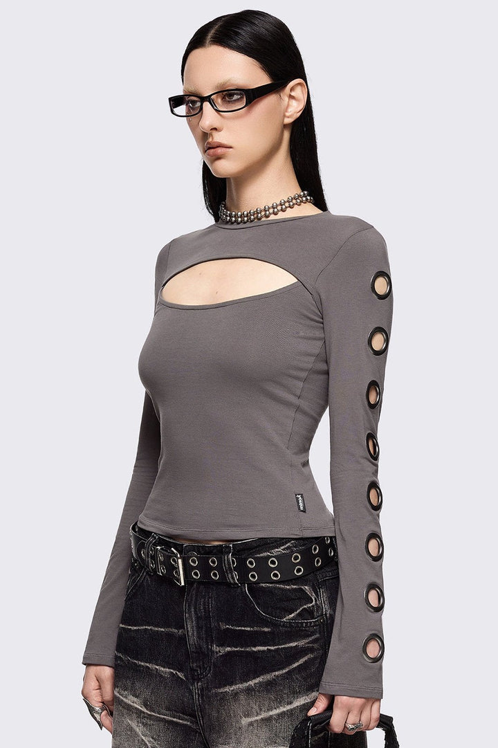 Grey Cut-Out Top with Eyelet Sleeves | Minga London