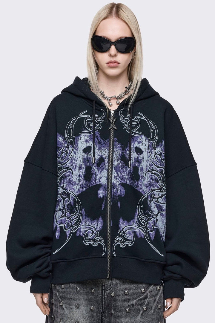 Black Purple Oversized Sigilism Graphic Zip Up Hoodie | Minga