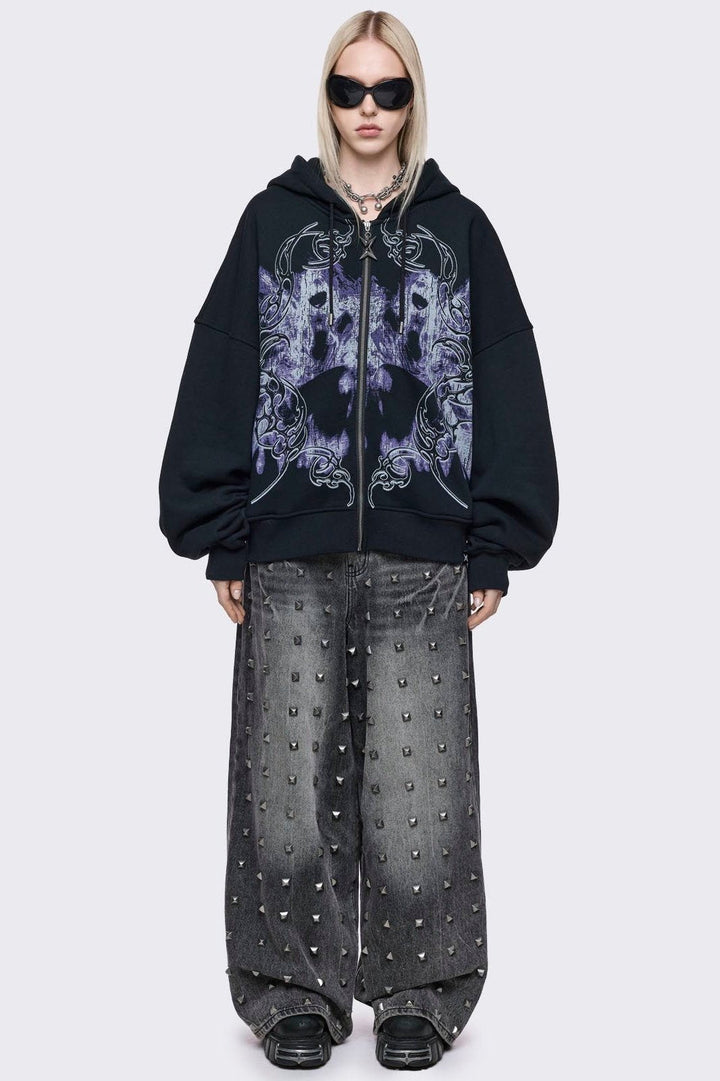 Black Purple Oversized Sigilism Graphic Zip Up Hoodie | Minga