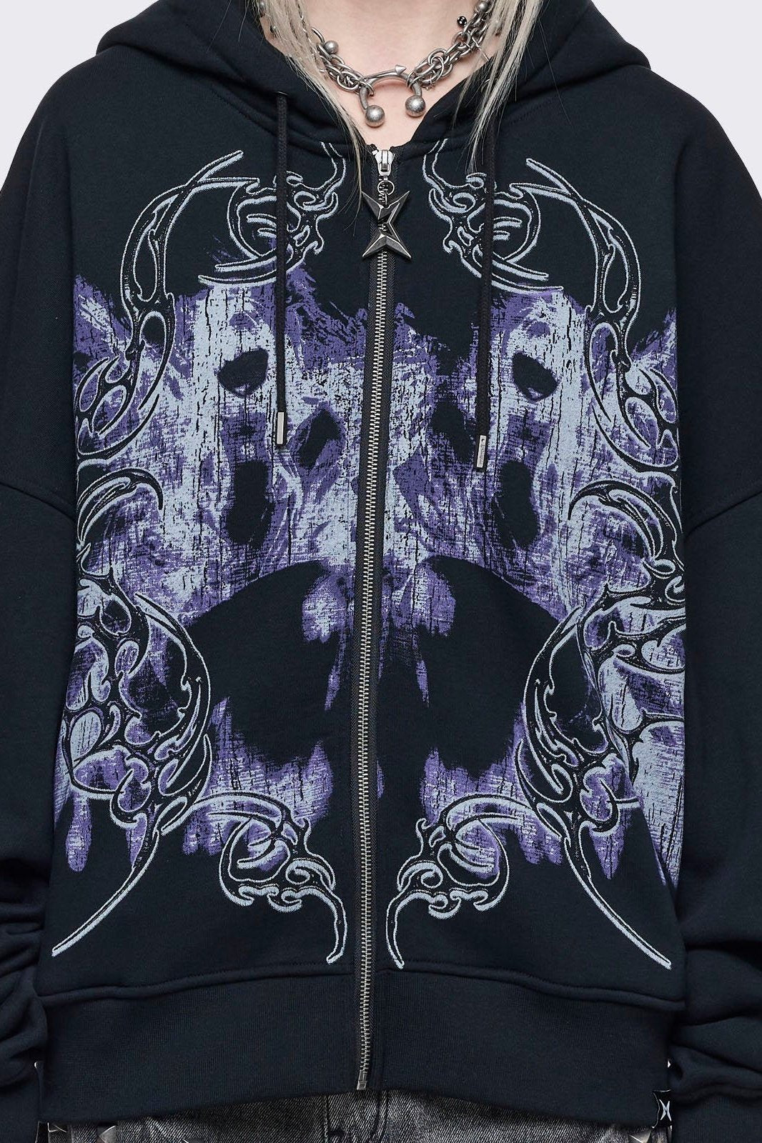 Black Purple Oversized Sigilism Graphic Zip Up Hoodie | Minga
