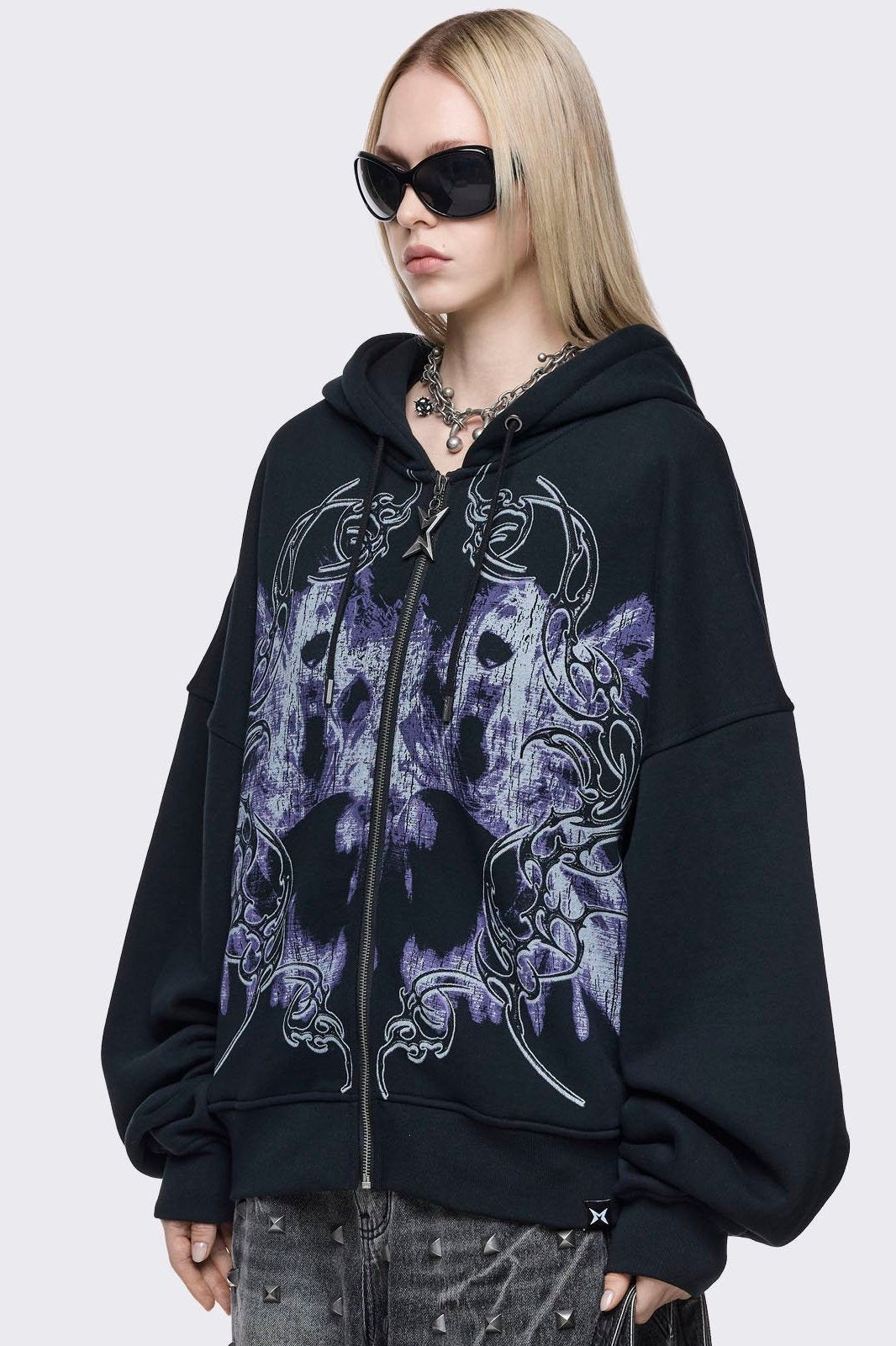 Black Purple Oversized Sigilism Graphic Zip Up Hoodie | Minga