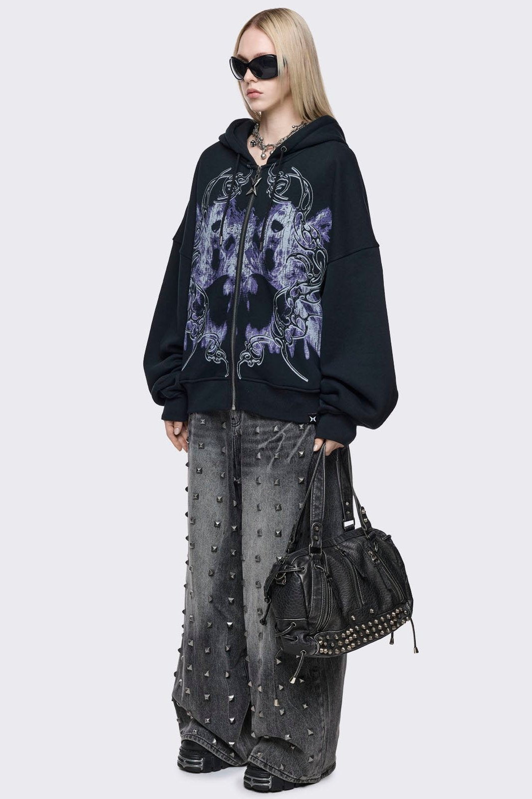 Black Purple Oversized Sigilism Graphic Zip Up Hoodie | Minga