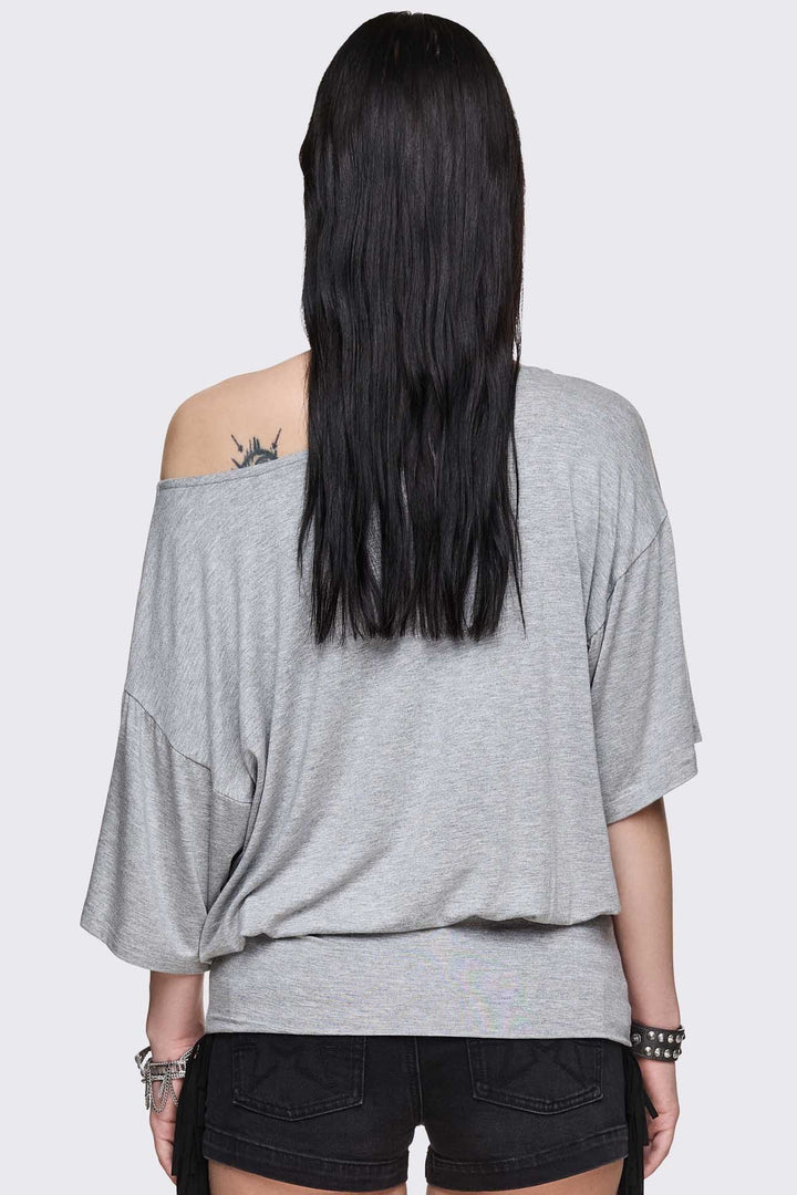 Gray Marl Off-Shoulder Top with Graphic Print | Minga London