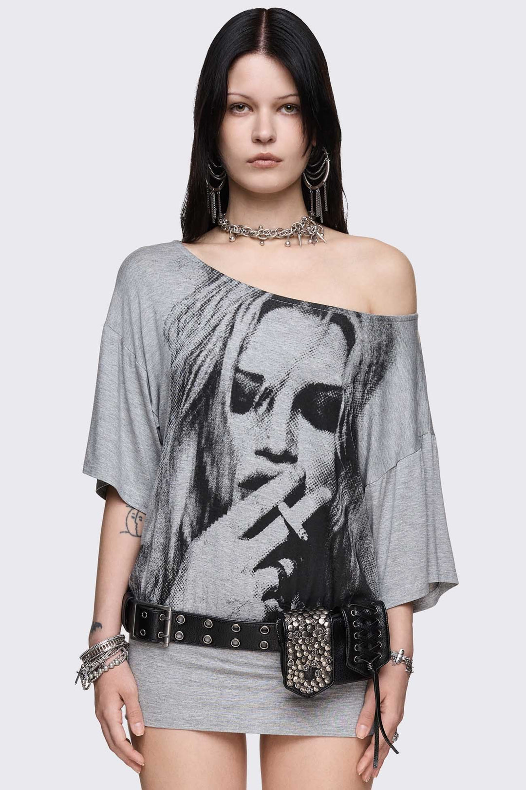 Gray Marl Off-Shoulder Top with Graphic Print | Minga London