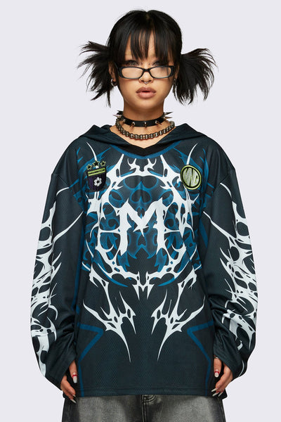 Tribal Oversized Jersey Hoodie in Black and Blue | Minga London