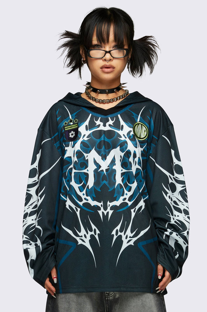Tribal Oversized Jersey Hoodie in Black and Blue | Minga London