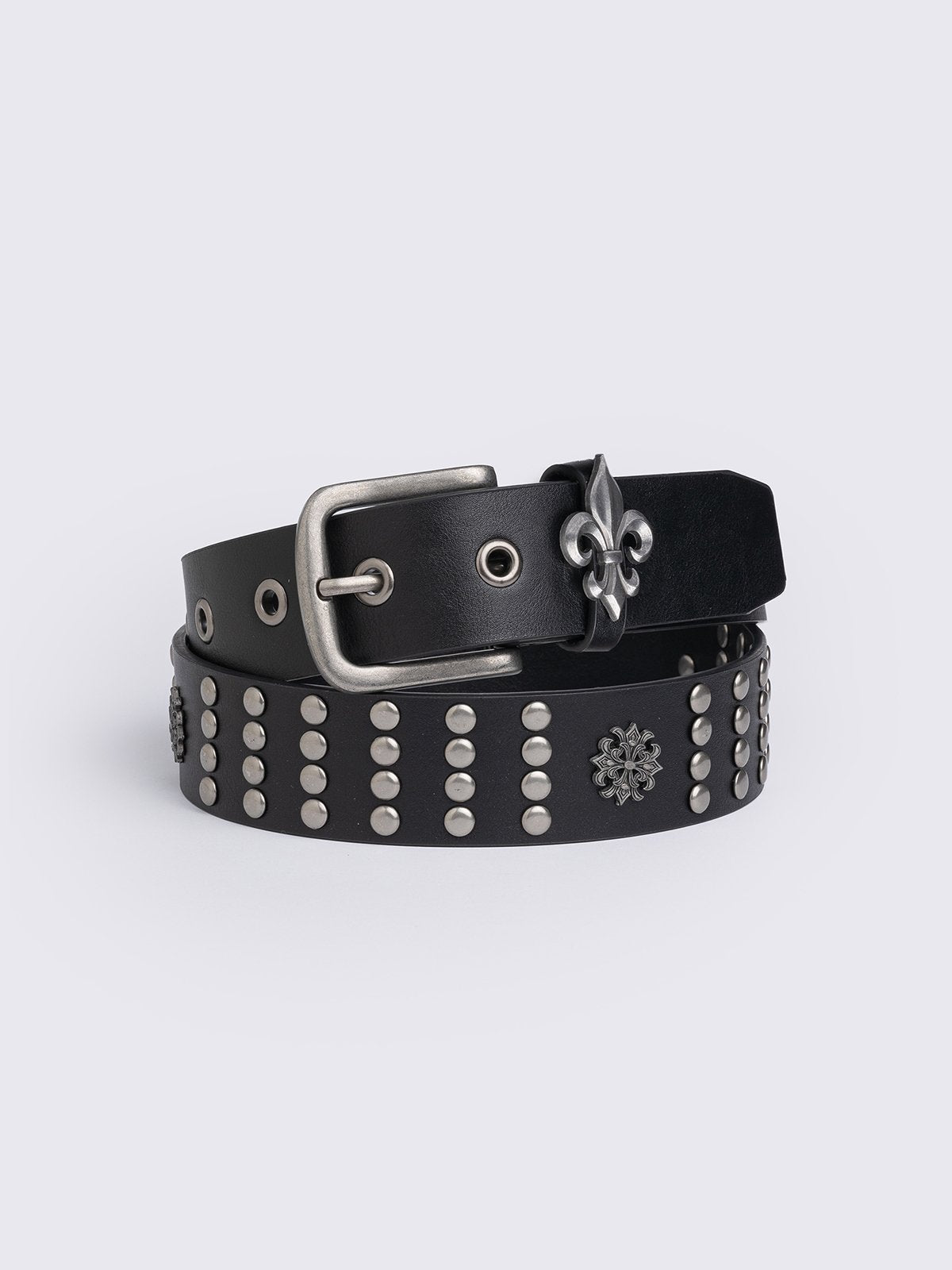 Black vegan leather belt with hardware details