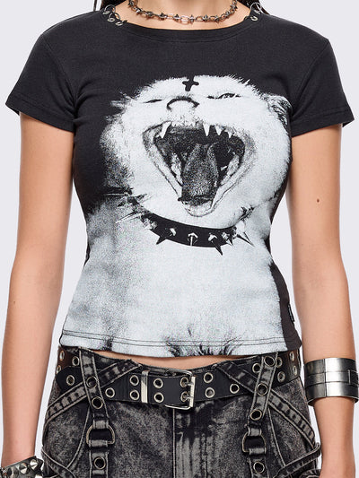 Black graphic baby tee with goth cat graphic print and piercing O-ring details on neckline.