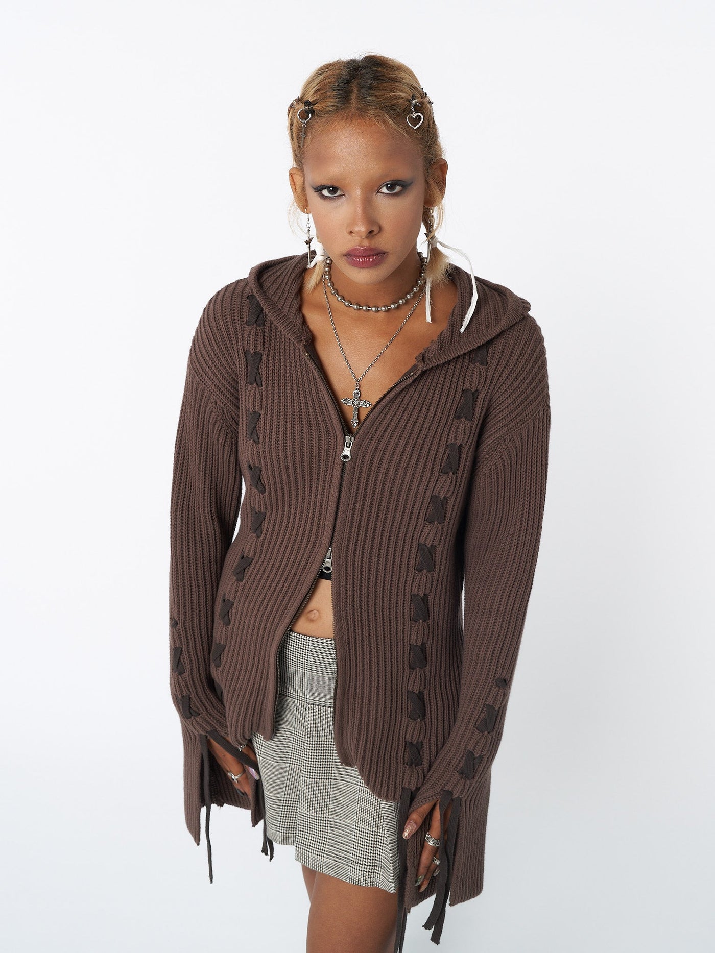 Nixie Brown Lace Up Cardigan - Minga EU