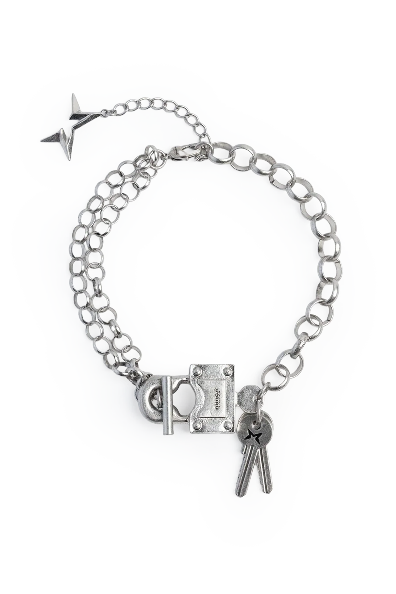 Chunky necklace in antique silver with padlock and keys charms, chain-link detail and grunge vibe.