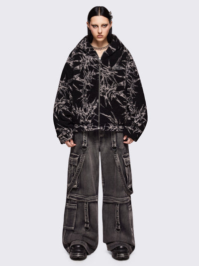 Black fleece borg hoodie jacket featuring all over grey thorns design.