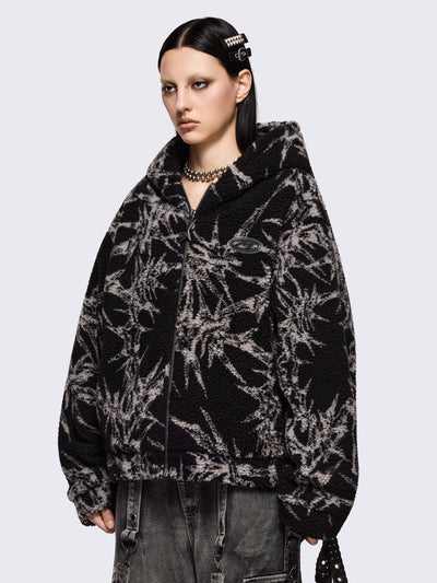 Black fleece borg hoodie jacket featuring all over grey thorns design.