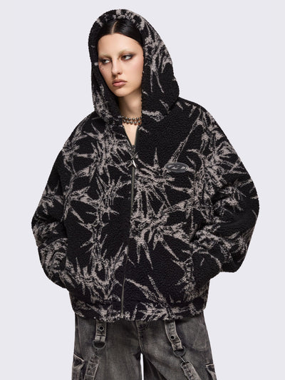 Black fleece borg hoodie jacket featuring all over grey thorns design.