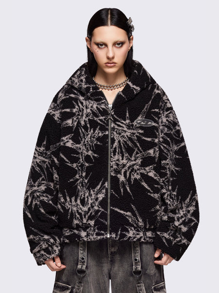 Black Borg Fleece Jacket with Grey Thorns Print | Minga London