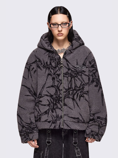 Grey fleece borg hoodie jacket featuring all over black thorns design.