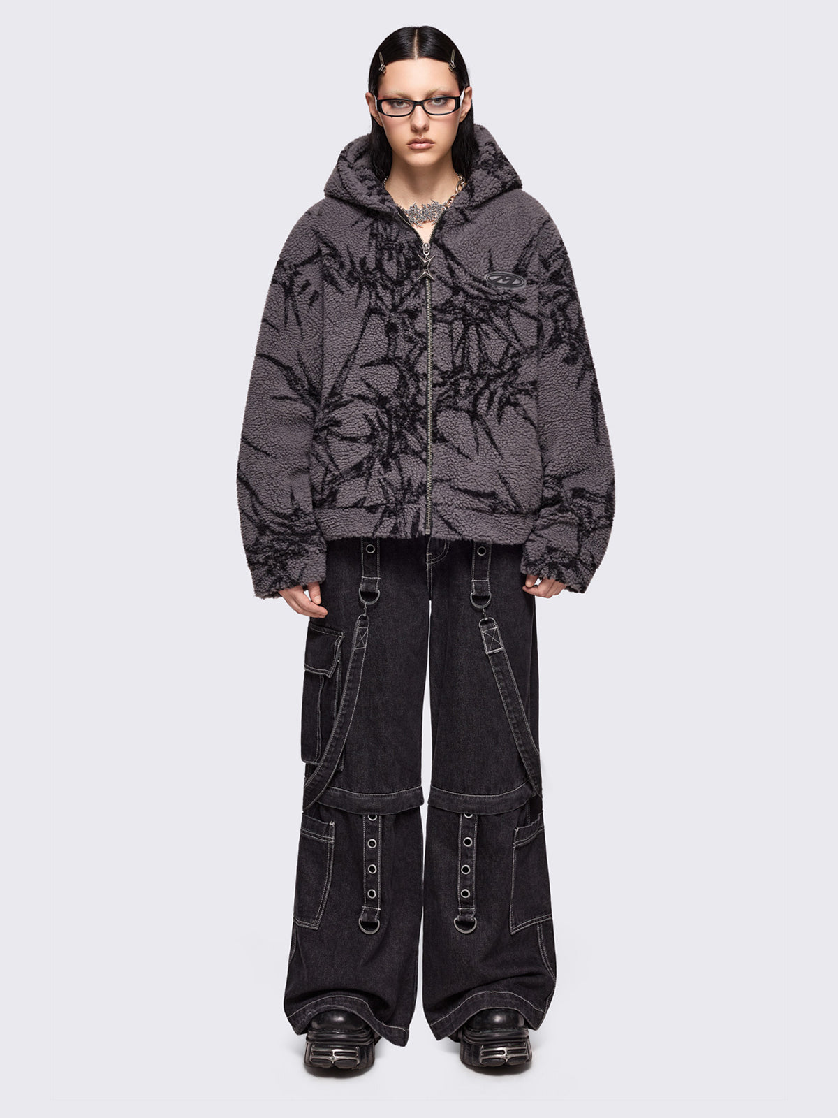 Grey fleece borg hoodie jacket featuring all over black thorns design.