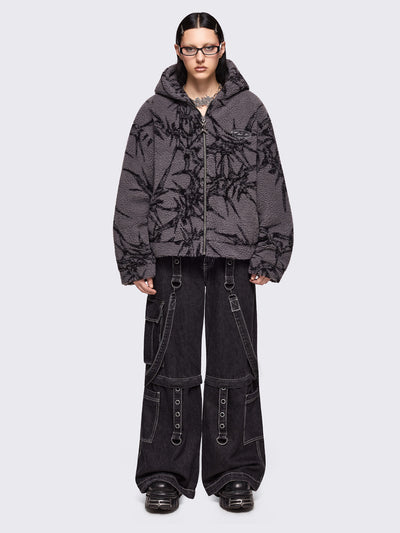 Grey fleece borg hoodie jacket featuring all over black thorns design.