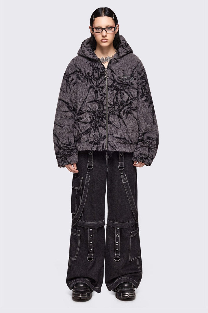 Grey Borg Fleece Jacket with Black Thorns Print | Minga London