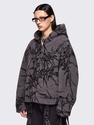 Grey fleece borg hoodie jacket featuring all over black thorns design.