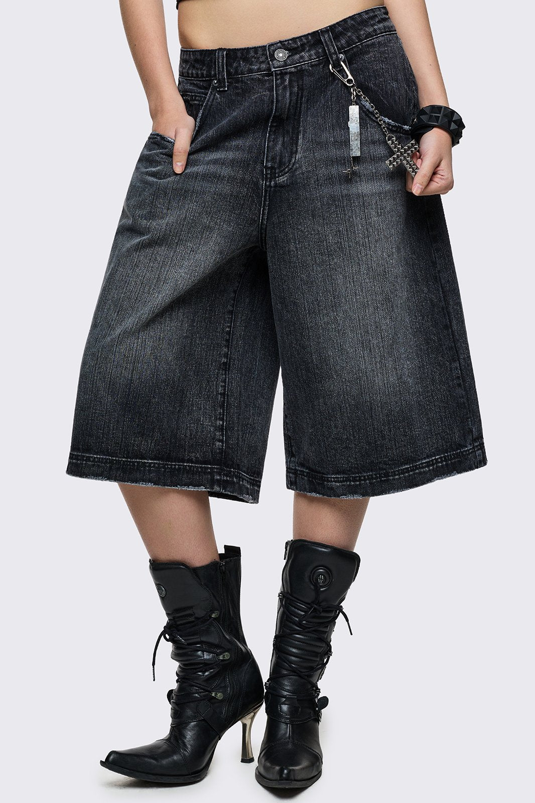 Black Worn Washed Baggy Jorts | Minga London