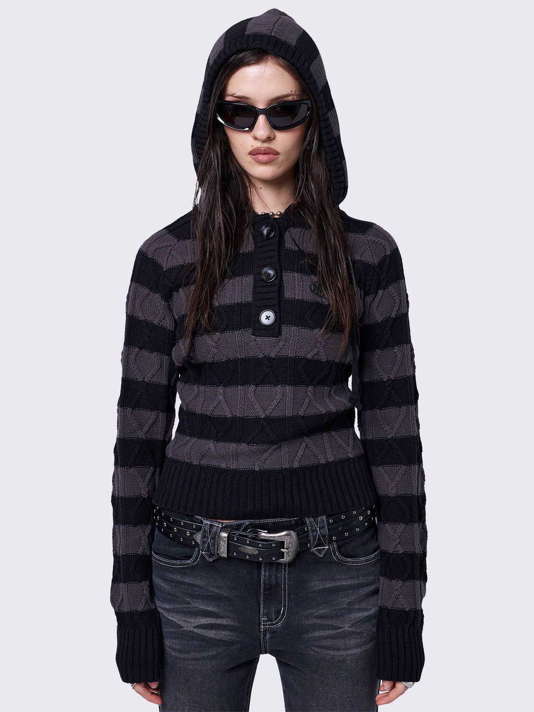 Striped Knitted Hoodie in Black and Grey | Minga London – Minga