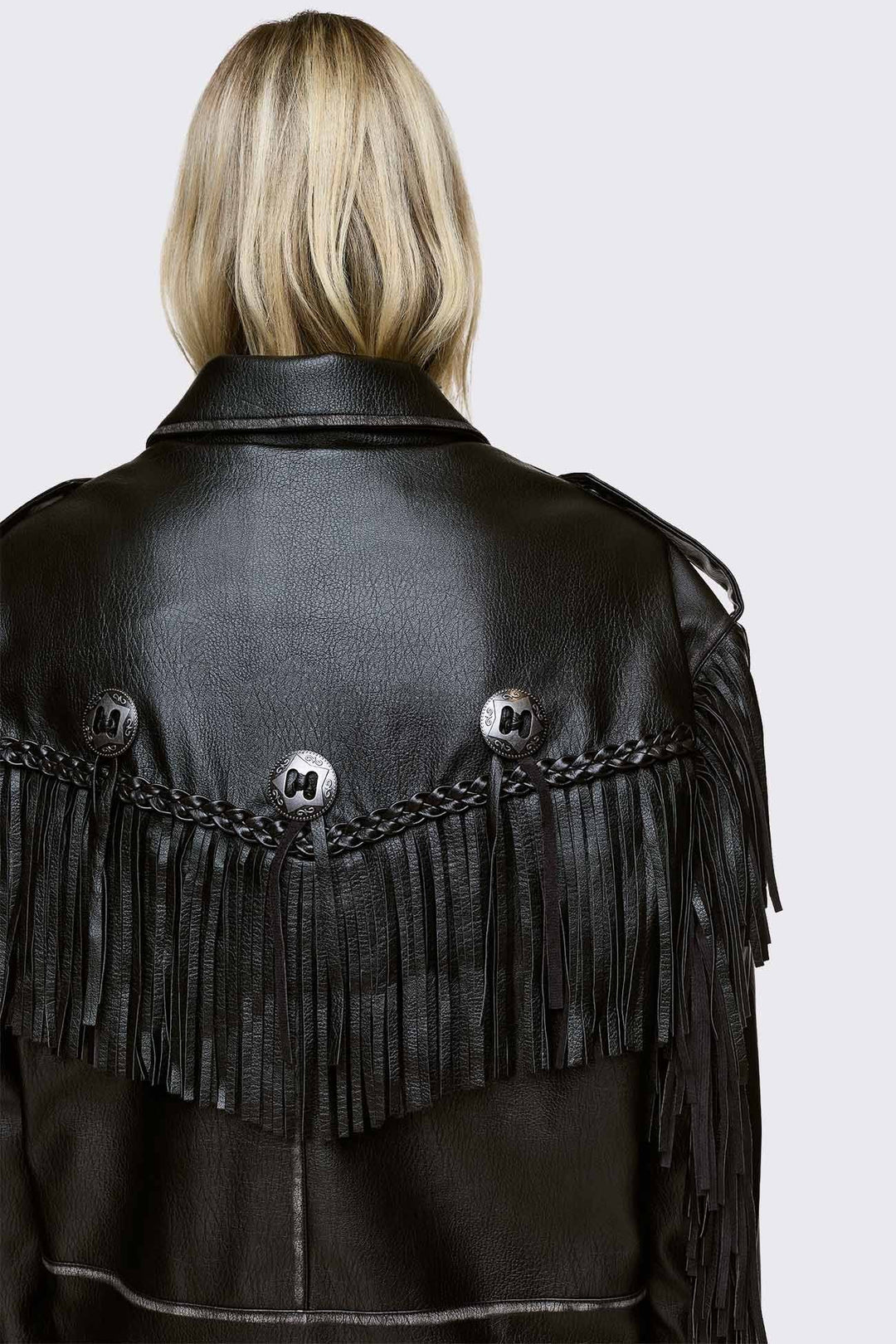 Black Fringe Faux Leather Jacket | Minga London