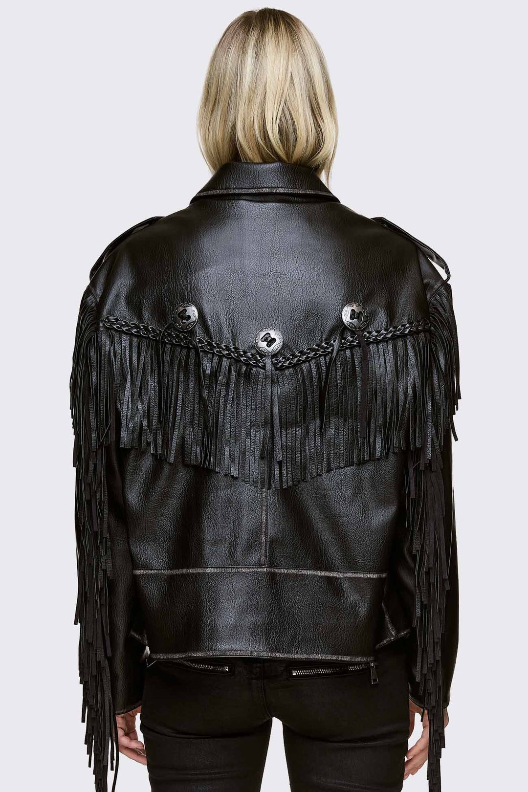 Black Fringe Faux Leather Jacket | Minga London