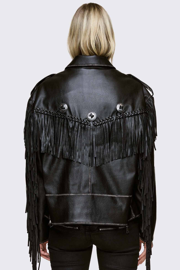 Black Fringe Faux Leather Jacket | Minga London