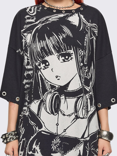 Black oversized t-shirt with anime girl graphic front print and silver eyelets trims.