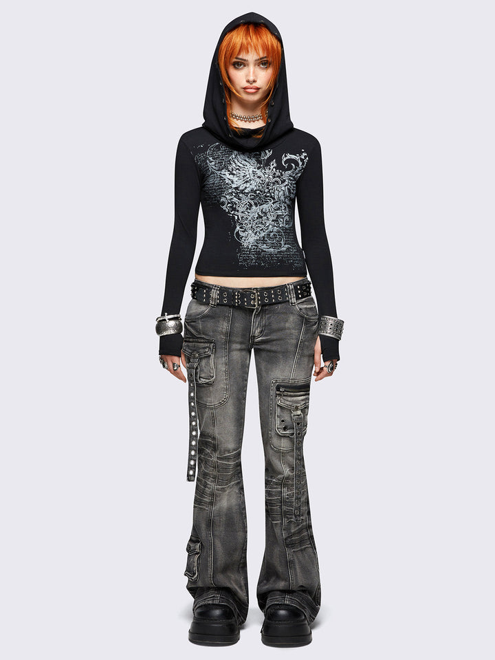 トップス managonia Grunge Graphic Black Hooded Top | Minga London – Minga London US