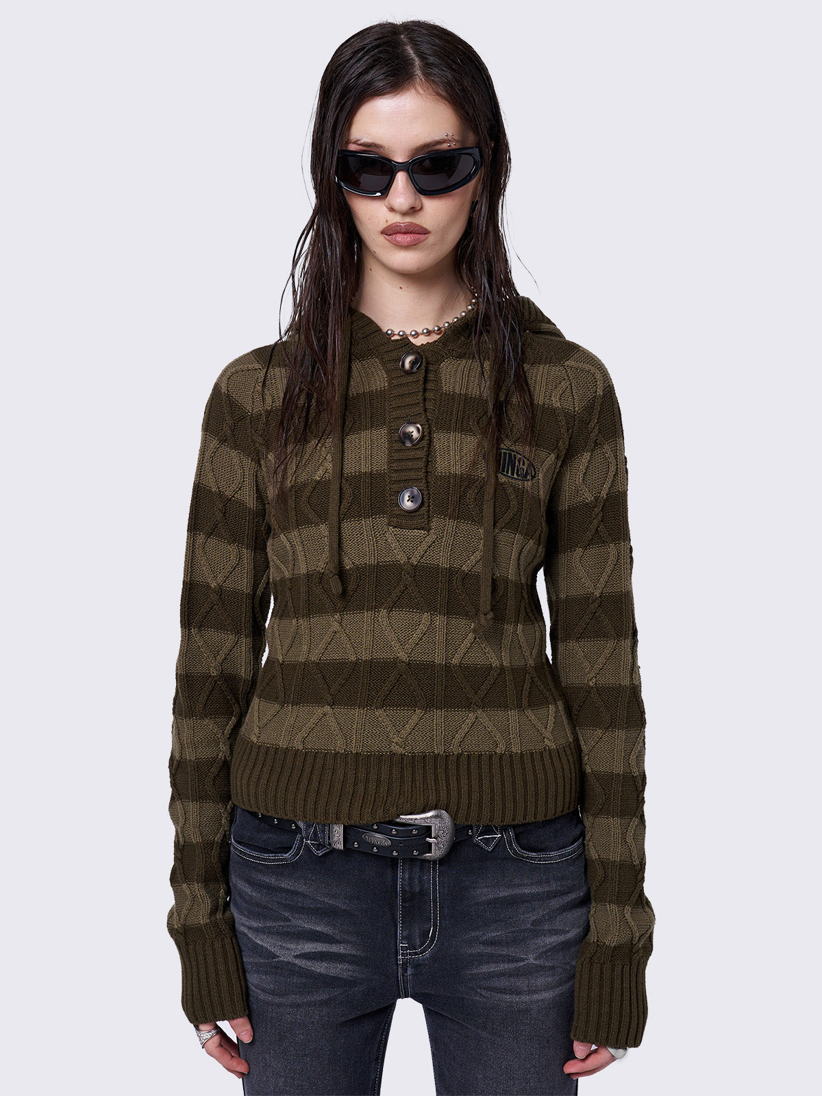 Cable hooded knit jumper with stripes in khaki tones and half button placket.