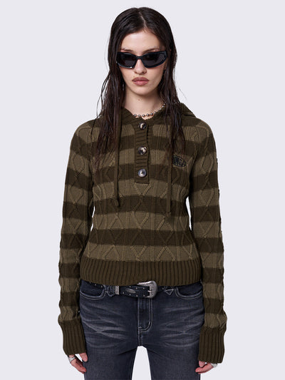 Cable hooded knit jumper with stripes in khaki tones and half button placket.