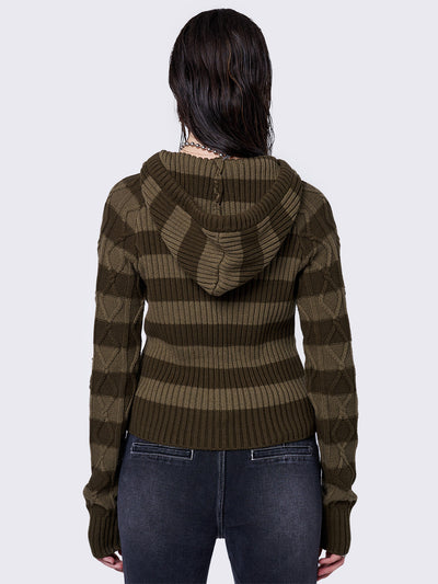 Cable hooded knit jumper with stripes in khaki tones and half button placket.