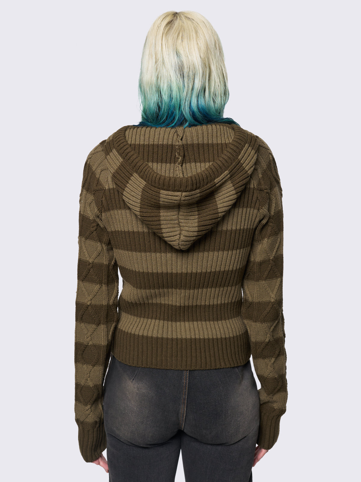 Cable hooded knit jumper with stripes in khaki tones and half button placket.