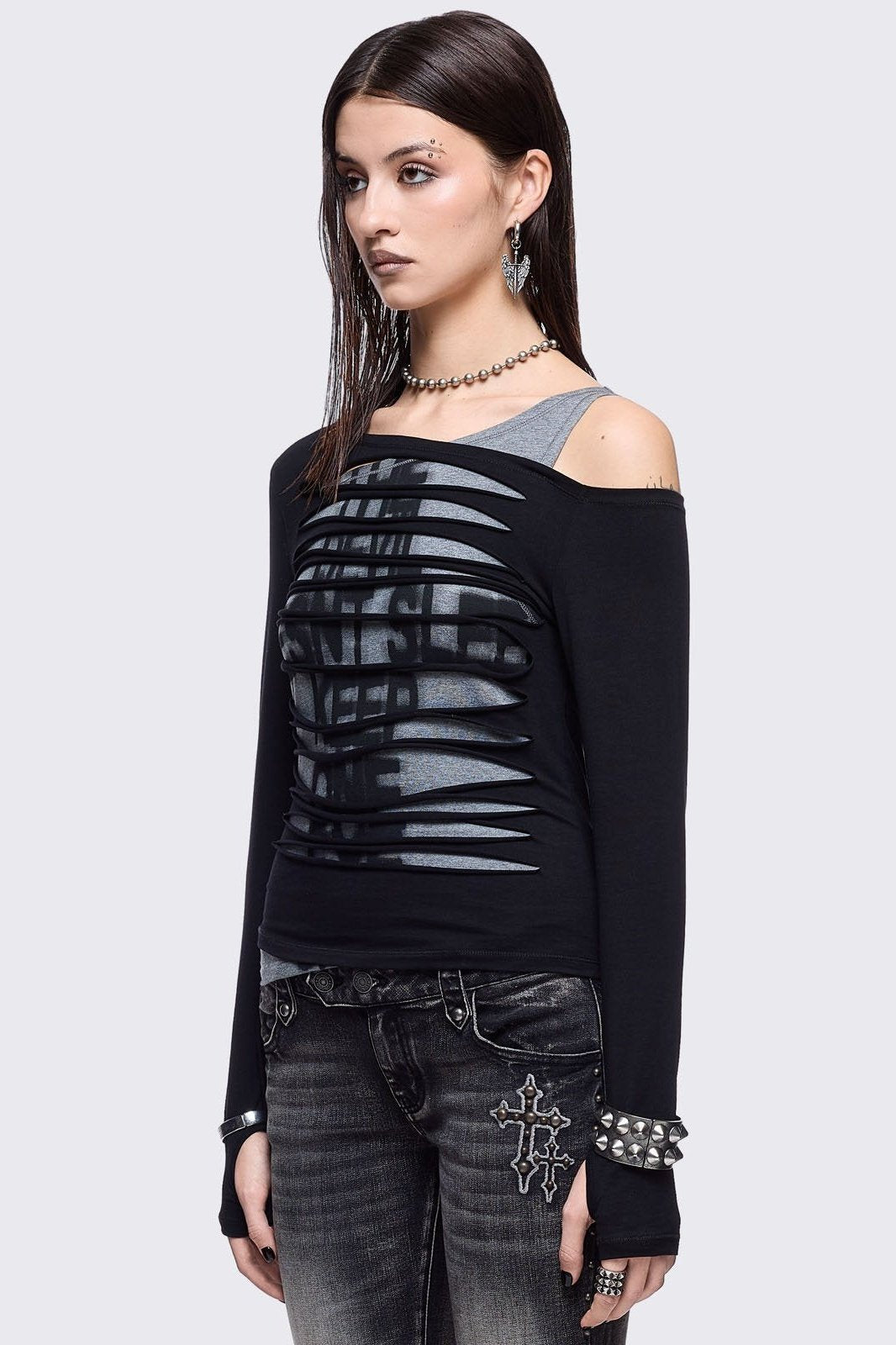 Slashed Top Black Slashed Layered Long Sleeve Top | Minga London – Minga London US