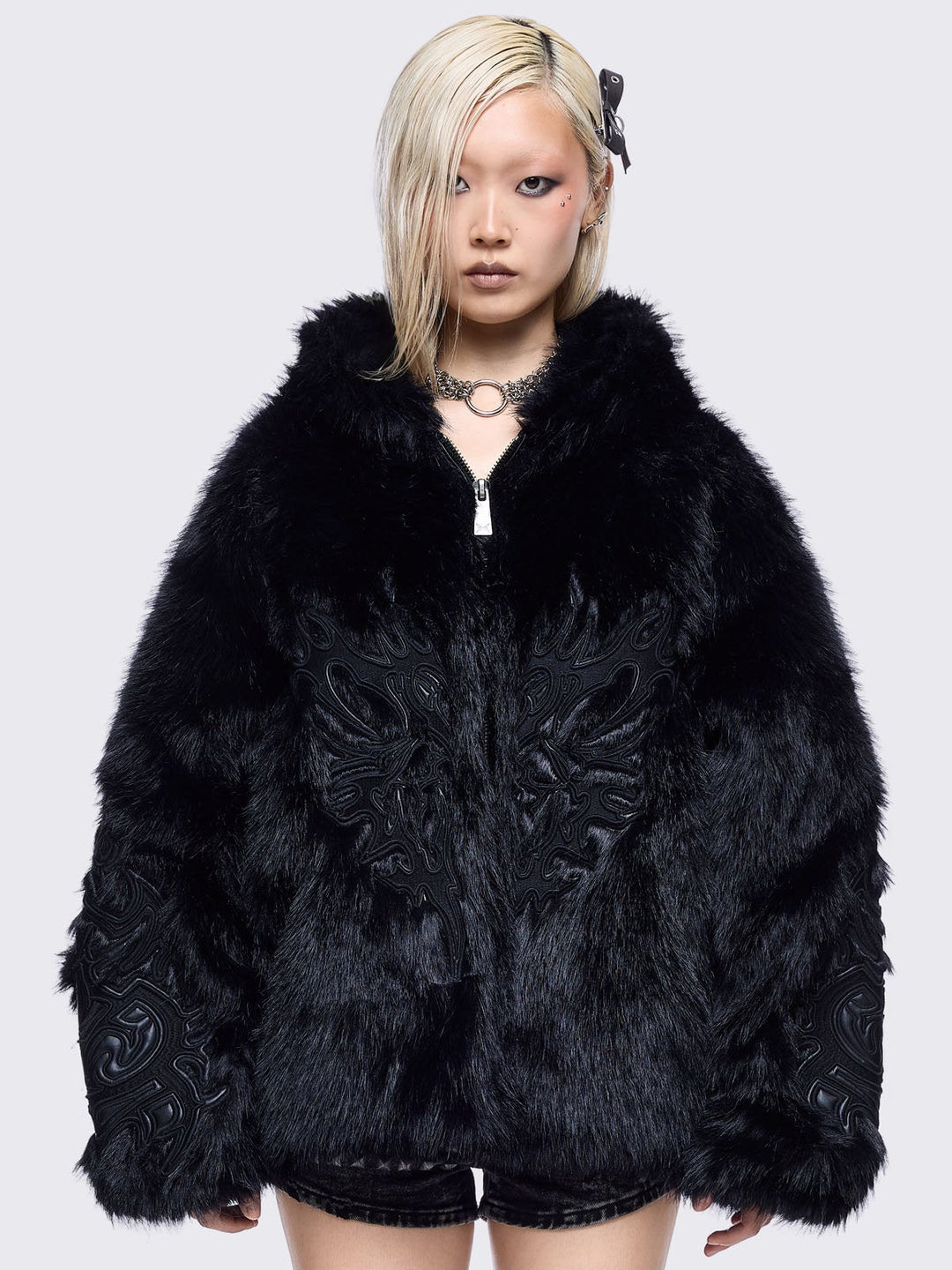 Black Faux Fur Hoodie Jacket with Sigilism Patches | Minga London