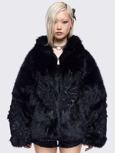 Black faux fur hoodie jacket with sigilism patches on front and sleeves