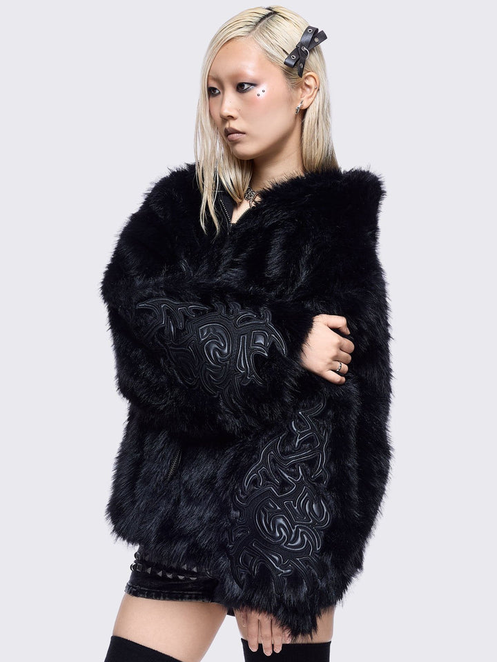 Black Faux Fur Hoodie Jacket with Sigilism Patches | Minga London