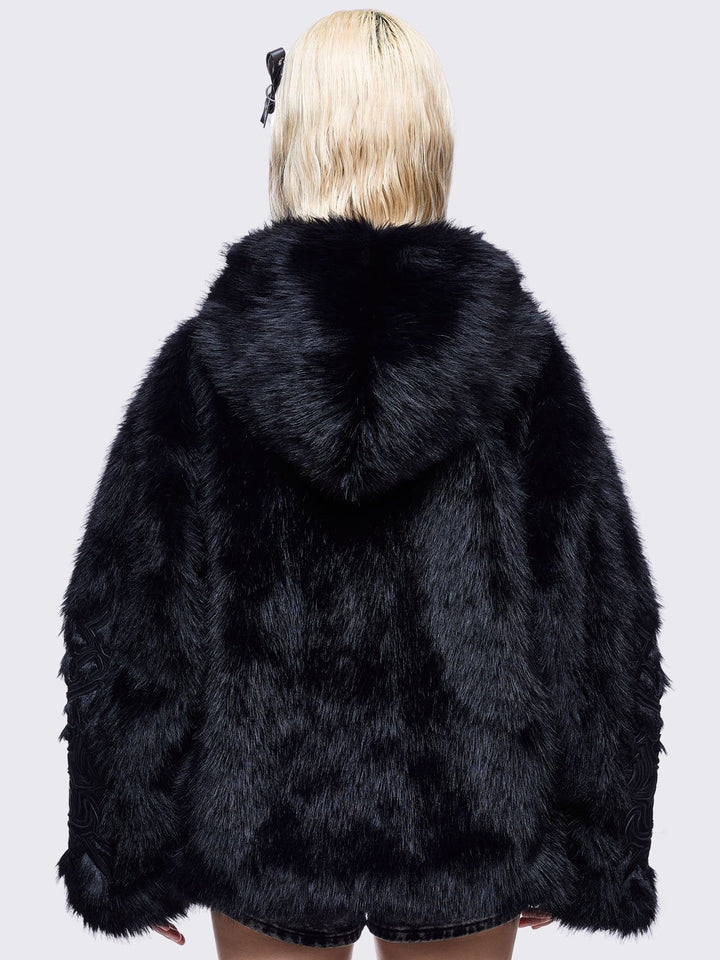 Black Faux Fur Hoodie Jacket with Sigilism Patches | Minga London