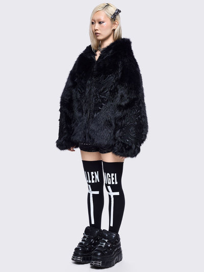 Black faux fur hoodie jacket with sigilism patches on front and sleeves