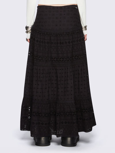 Black ruffle lace tiered maxi skirt - Fairycore & Boho Style. 