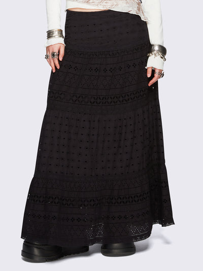 Black ruffle lace tiered maxi skirt - Fairycore & Boho Style. 