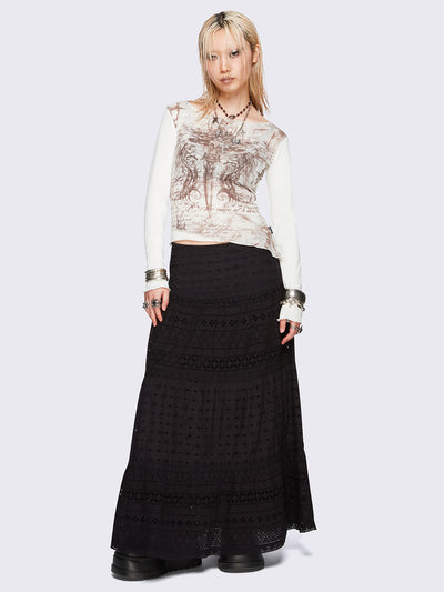 Black ruffle lace tiered maxi skirt - Fairycore & Boho Style. 
