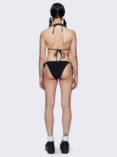 Halter neck triangle bikini top in black with contrast lace up in white and bow details in pink