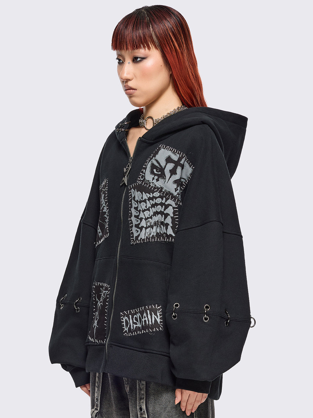 Oversized Zip Up Hoodie in Black with Grunge Patches | Minga