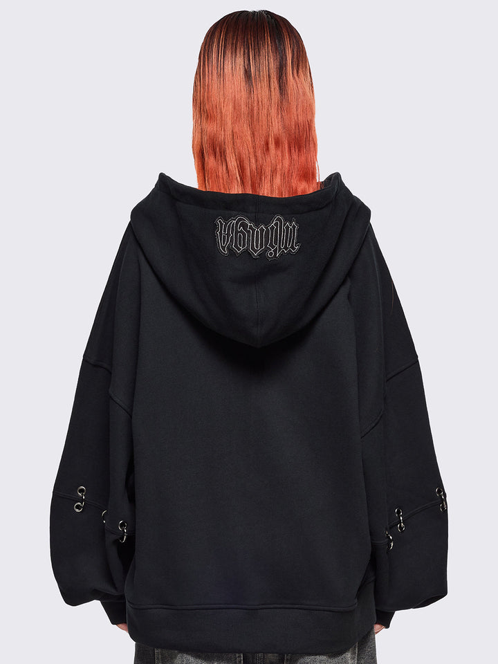 LANA ”STREET PRINCESS”パーカー Oversized Zip Up Hoodie in Black with Grunge Patches | Minga