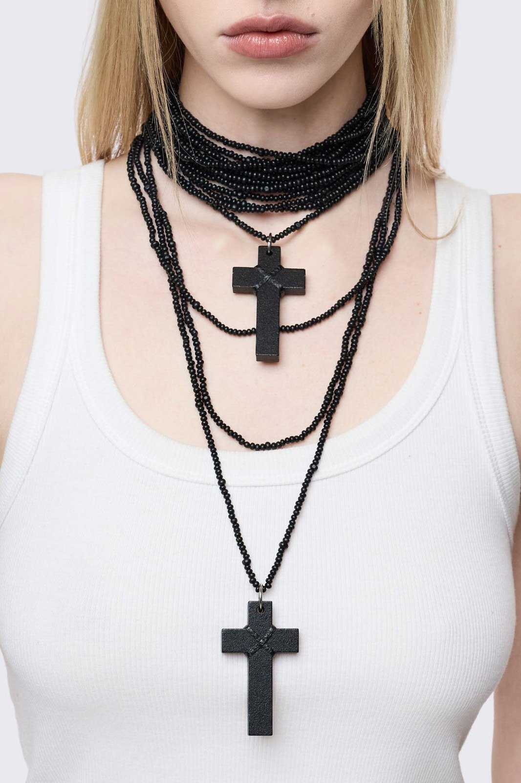 Black Beaded Multi-Layer Necklace with Chunky Cross Pendants