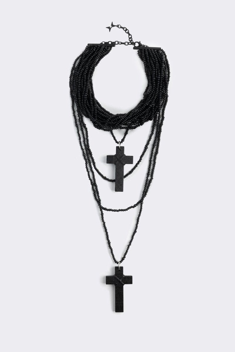 Black Beaded Multi-Layer Necklace with Chunky Cross Pendants