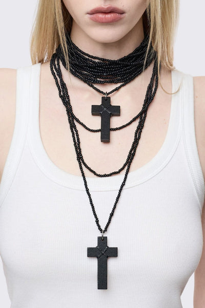 Black Beaded Multi-Layer Necklace with Chunky Cross Pendants
